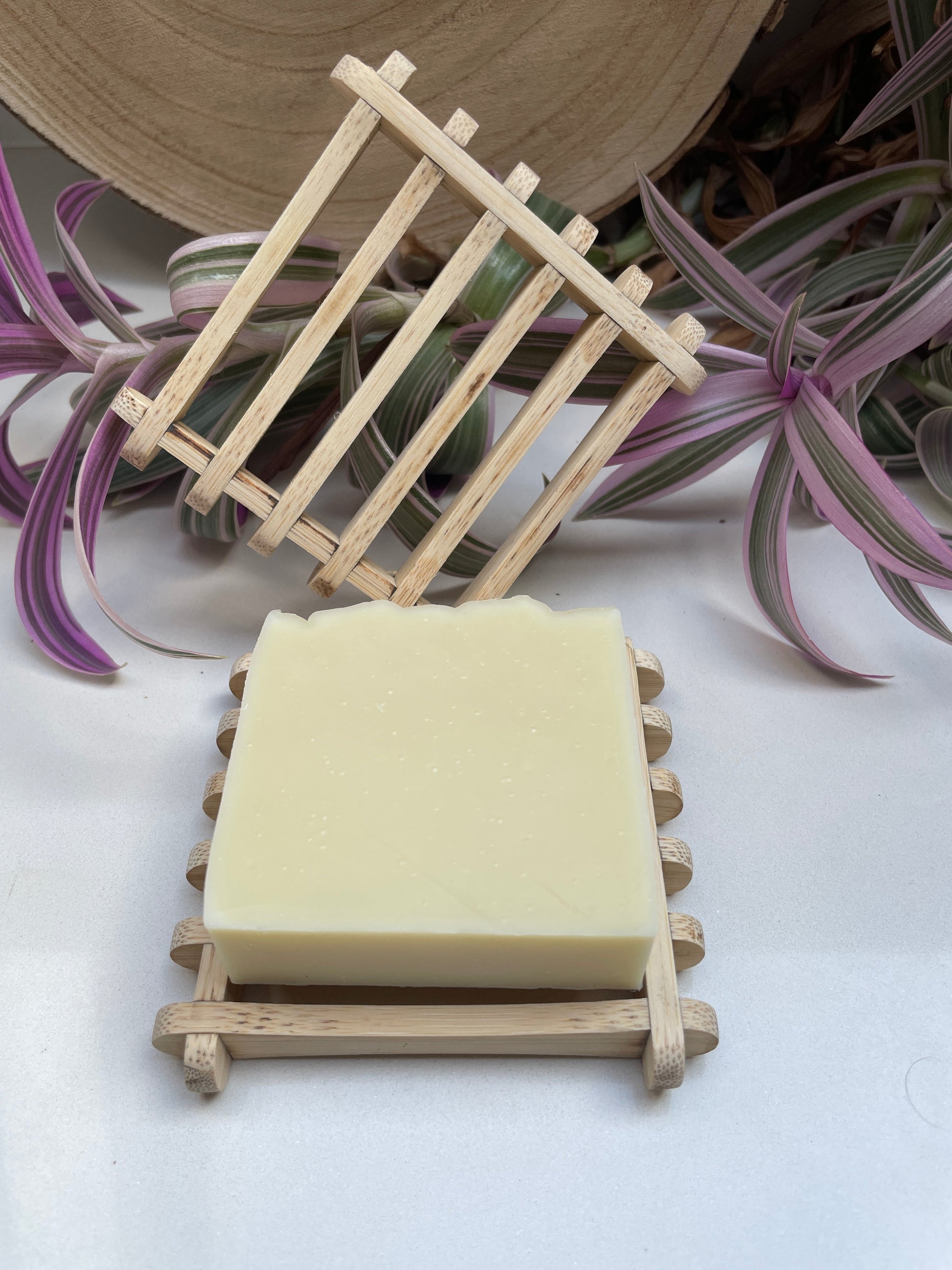 Two sustainable handmade bamboo soap dishes with a soap on one with foliage behind